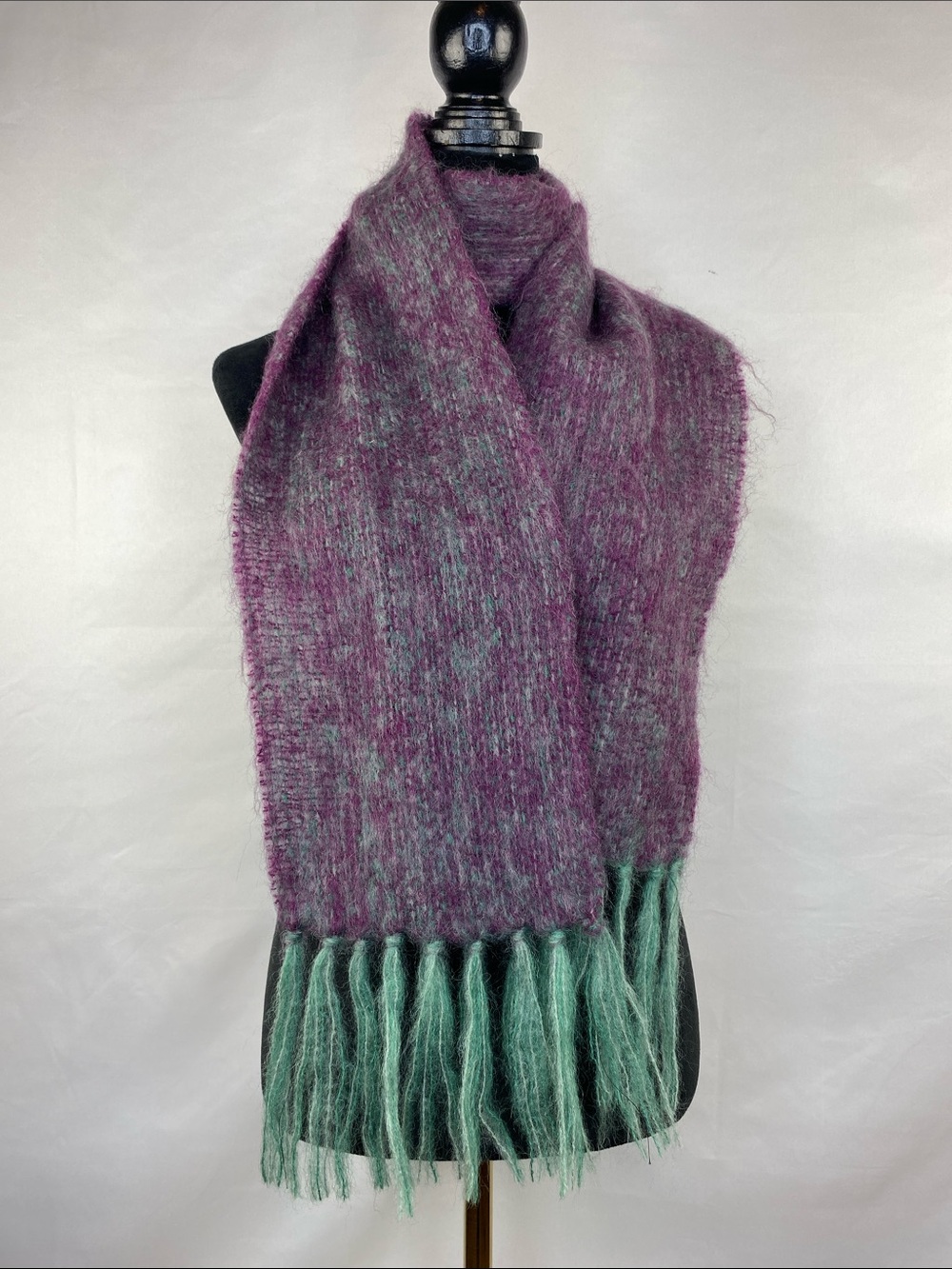 Handmade Mohair Style Knit Boho Purple Mint Green Classic Fringe Scarf 76”X 8”